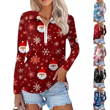 Женская мода весна осень повседневная рождественская принтованная молния V-образный вырез длинный рукав рубашка топ L чёрный