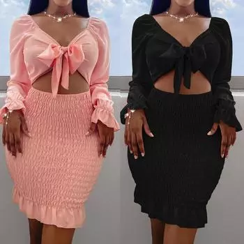 Женская мода весна осень повседневное сексуальное облегающее короткое платье нерегулярной формы с длинными рукавами приталенное однотонное мини-юбка размера плюс S-XL S чёрный