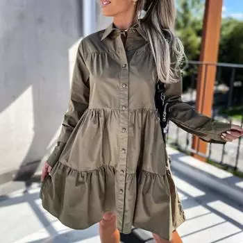 Женская мода весна осень с длинным рукавом с лацканами повседневное однотонное платье с оборками цельное платье XS белый