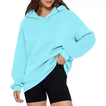 Женская мода весна с капюшоном толстовка повседневный карман топ свободный пуловер L светло-синий