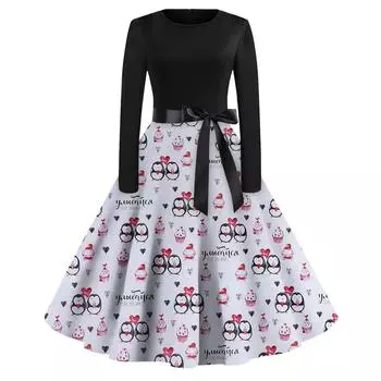 Женская мода винтаж с длинным рукавом и круглым вырезом с рождественским принтом вечерние платья платья S