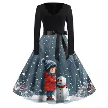 Женская мода винтаж с длинным рукавом и V-образным вырезом с рождественским принтом вечерние платья платья M