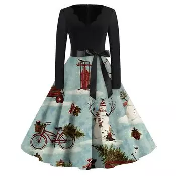 Женская мода винтаж с длинным рукавом и V-образным вырезом с рождественским принтом вечерние платья платья XXXXL