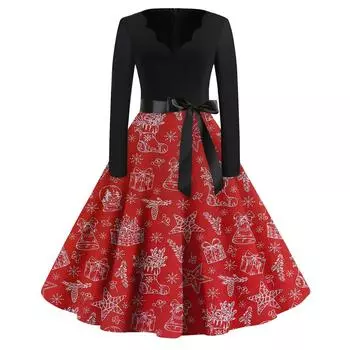 Женская мода винтаж с длинным рукавом и V-образным вырезом с рождественским принтом вечерние платья платья M