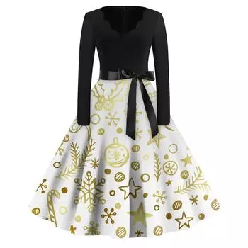 Женская мода винтаж с длинным рукавом и V-образным вырезом с рождественским принтом вечерние платья платья M