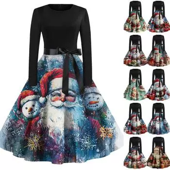 Женская мода винтаж с длинным рукавом и круглым вырезом с рождественским принтом вечерние платья платья L бежевый