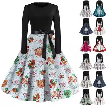 Женская мода винтаж с длинным рукавом и круглым вырезом с рождественским принтом вечерние платья платья L бежевый