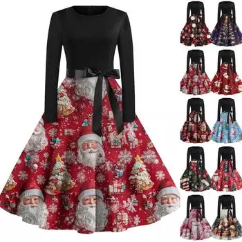 Женская мода винтаж с длинным рукавом и круглым вырезом с рождественским принтом вечерние платья платья M