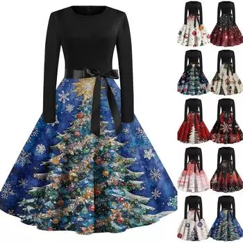 Женская мода винтаж с длинным рукавом и круглым вырезом с рождественским принтом вечерние платья платья L розовый