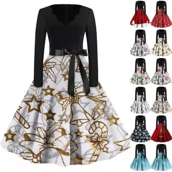 Женская мода винтаж с длинным рукавом и V-образным вырезом с рождественским принтом вечерние платья платья M красный