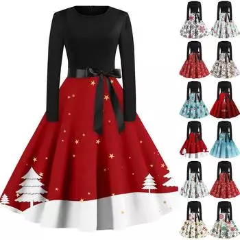 Женская мода винтаж с длинным рукавом и круглым вырезом с рождественским принтом вечерние платья платья M