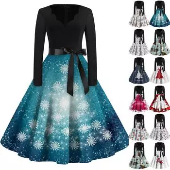 Женская мода винтаж с длинным рукавом и V-образным вырезом с рождественским принтом вечерние платья платья L горячий розовый