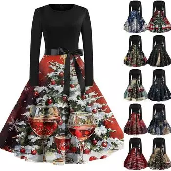 Женская мода винтаж с длинным рукавом и круглым вырезом с рождественским принтом вечерние платья платья M