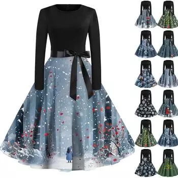 Женская мода винтаж с длинным рукавом и круглым вырезом с рождественским принтом вечерние платья платья S