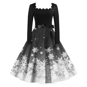 Женская мода винтаж с длинным рукавом квадратный вырез рождественский принт вечерние платья платья L