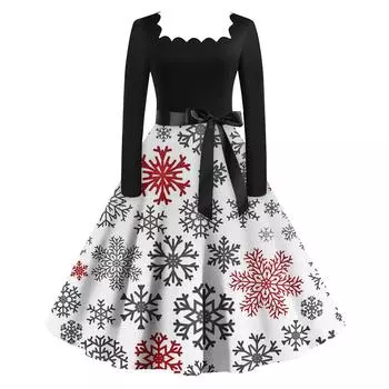 Женская мода винтаж с длинным рукавом квадратный вырез рождественский принт вечерние платья платья XXXXL