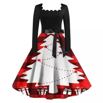 Женская мода винтаж с длинным рукавом квадратный вырез рождественский принт вечерние платья платья L
