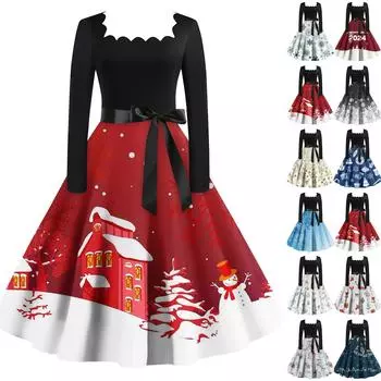 Женская мода винтаж с длинным рукавом квадратный вырез рождественский принт вечерние платья платья XXXL