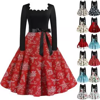 Женская мода винтаж с длинным рукавом квадратный вырез рождественский принт вечерние платья платья L