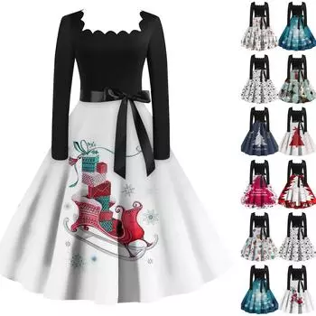 Женская мода винтаж с длинным рукавом квадратный вырез рождественский принт вечерние платья платья XL