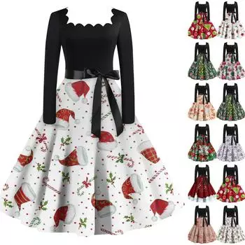 Женская мода винтаж с длинным рукавом квадратный вырез рождественский принт вечерние платья платья XXXXL