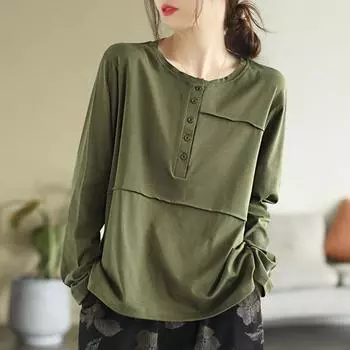 Женская мода винтажные однотонные пуговицы с длинным рукавом простые футболки весна осень простые повседневные свободные пуловеры с круглым вырезом XS зелёный