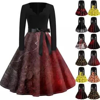 Женская мода винтажные вечерние платья с длинным рукавом и v-образным вырезом на Хэллоуин с принтом платья XL оранжевый