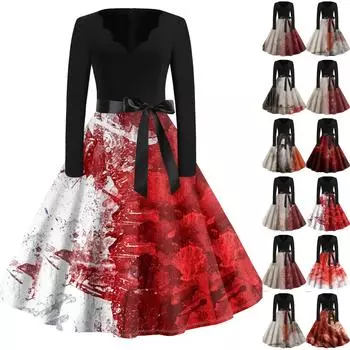 Женская мода винтажные вечерние платья с длинным рукавом и v-образным вырезом на Хэллоуин с принтом платья M шампанского