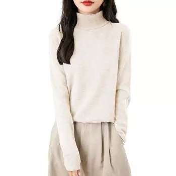 Женская мода водолазка пуловер длинный рукав свободный низ вязаный свитер L бежевый