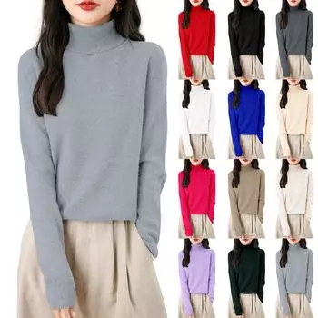 Женская мода водолазка пуловер длинный рукав свободный низ вязаный свитер L бежевый