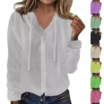 Женская мода вязаный кардиган топ свободный длинный рукав солнцезащитный крем капюшон куртка L чёрный