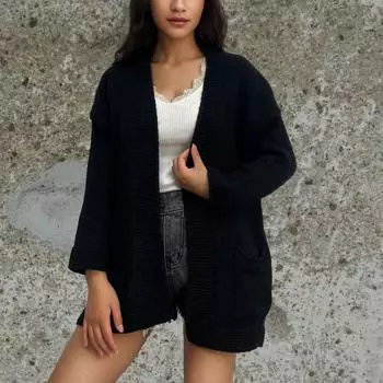 Женская мода вязаный карманный кардиган свитер со свободным пальто L чёрный