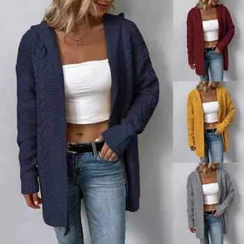 Женская мода вскользь 2022 вязаный однотонный кардиган с капюшоном-свитер пальто S имбирный