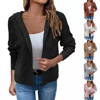 Женская мода вскользь 2022 вязаный однотонный кардиган с капюшоном-свитер пальто L бежевый