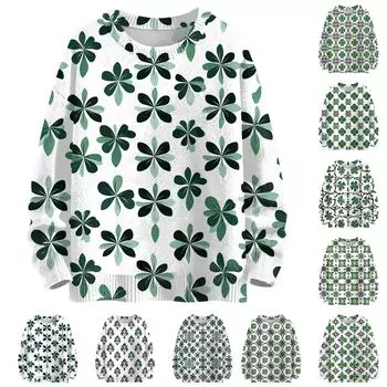 Женская мода вскользь с длинным рукавом St. Вязаный топ с круглым вырезом и принтом ко Дню Святого Патрика L армия зеленый