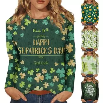 Женская мода вскользь с длинным рукавом St. Блузка-пуловер с круглым вырезом и принтом ко Дню Святого Патрика XXXL циан