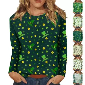 Женская мода вскользь с длинным рукавом St. Блузка-пуловер с круглым вырезом и принтом ко Дню Святого Патрика XXXXL