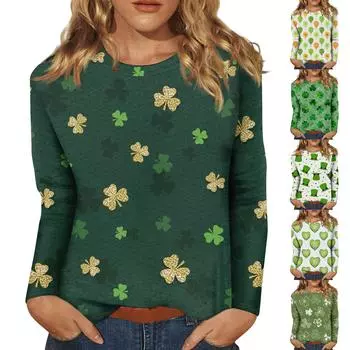 Женская мода вскользь с длинным рукавом St. Блузка-пуловер с круглым вырезом и принтом ко Дню Святого Патрика XXXXXL