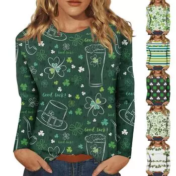 Женская мода вскользь с длинным рукавом St. Блузка-пуловер с круглым вырезом и принтом ко Дню Святого Патрика S зелёный