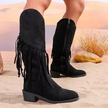 Женская мода высокие сапоги с бахромой замшевые каблуки обувь 2024 тренд новые гладиаторские мотоциклетные сапоги осень-зима готические туфли-лодочки снежные ботинки 36 чёрный