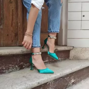 Женская мода зеленый атлас лодыжки камень 9 см шампань каблук с манжетами на каблуке обувь