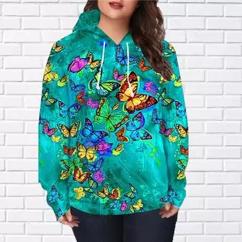 Женская мода Зеленый Граффити Бабочка Принт Свободные Толстовки Топы Блузка Свитшот Повседневный Длинный Рукав Пуловер Топы XS зелёный