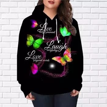 Женская мода Зеленый письмо Бабочка Принт Свободные толстовки Топы Блузка Толстовка Повседневный Длинный рукав Пуловер Топы XS зелёный