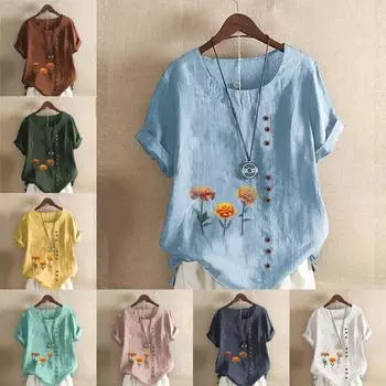 Женская мода желтые цветы принтованный круглый вырез короткий рукав футболка повседневная хлопок лен графическая рубашка досуг свободная летняя блузка топы S розовый