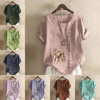 Женская мода, женская футболка с круглым вырезом и коротким рукавом, повседневная хлопковая льняная рубашка с рисунком, свободная летняя блузка, топы S розовый