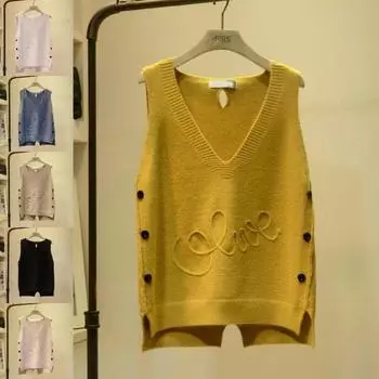 Женская мода, жилет без рукавов с v-образным вырезом и пуговицами, свитер без рукавов, осенние пуловеры, свободные корейские топы One size хаки