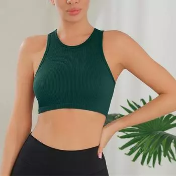 Женская мода жилет для йоги из ниток бесшовный трикотажный бег спортивный облегающий жилет для фитнеса йога топ L темно-зеленого