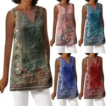 Женская мода, жилет с v-образным вырезом, свободная футболка без рукавов с винтажным принтом L синий