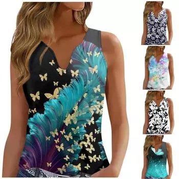 Женская мода, жилет с v-образным вырезом, свободная футболка без рукавов с винтажным принтом XXL синий