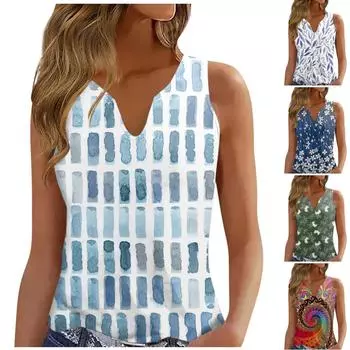 Женская мода, жилет с v-образным вырезом, свободная футболка без рукавов с винтажным принтом